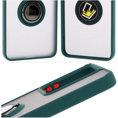 Etui z uchwytem na palec Bizon Case Hybrid Ring do Realme 14 5G / 14T 5G przydymione z ciemnozieloną ramką