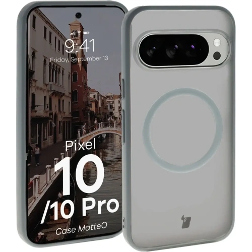 Etui z pierścieniem magnetycznym Bizon Case MatteO do Pixel 10 / 10 Pro przydymione-szare