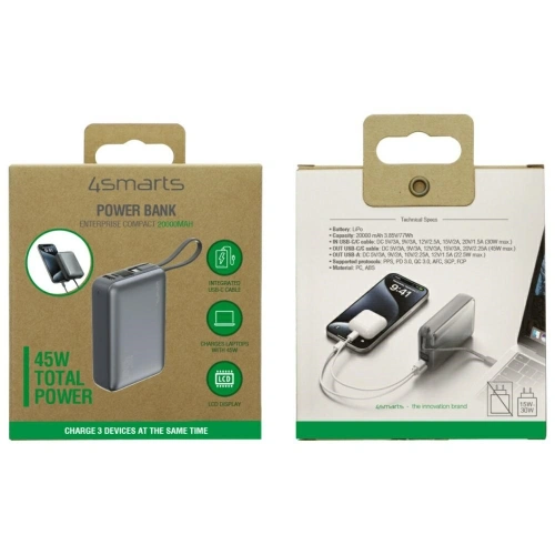 Powerbank 4smarts Enterprise Compact 20000mAh 45W USB-A, 2xUSB-C + wbudowany przewód USB-C szary