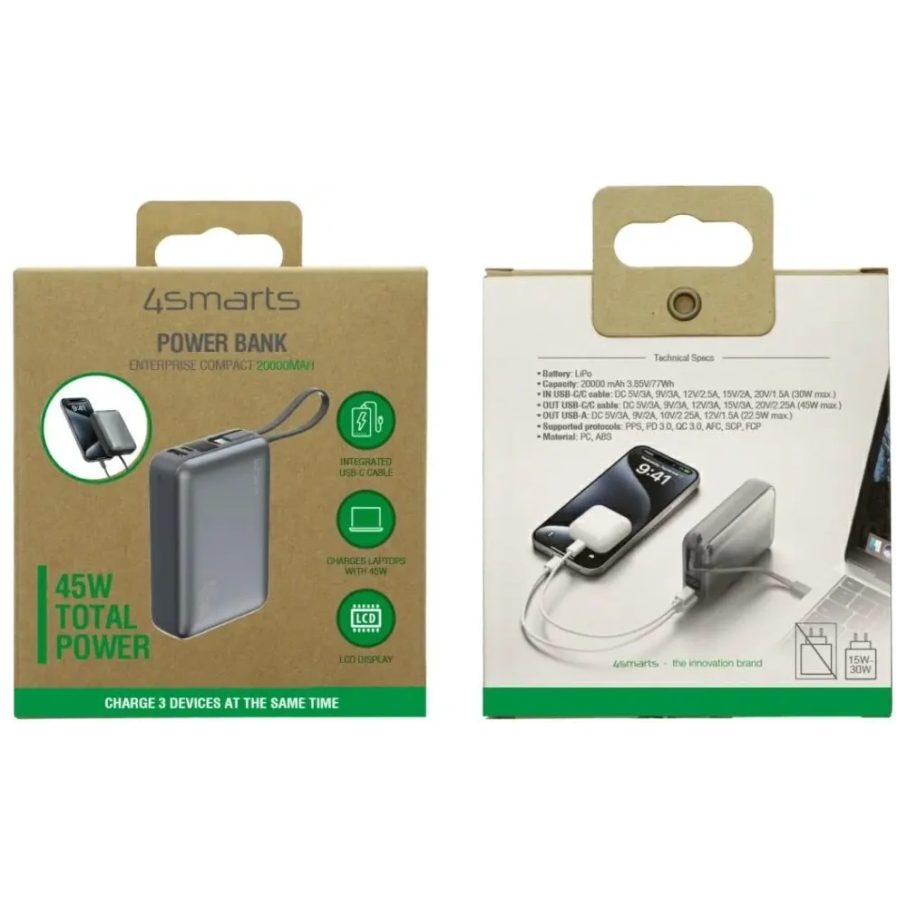 Wholesale 4smarts Enterprise Compact Power Bank 20000mAh 45W USB-A, 2xUSB-C + built-in USB-C cable gray - 4SMR96 - {ean13} - Hurt