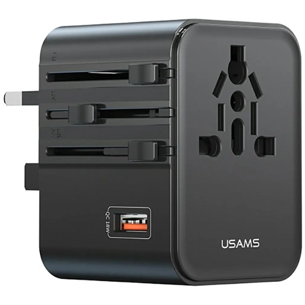 Hurtownia GSM - USAMS Cestovní adaptér CC309 2xUSB-C 25W 4v1 US/AU/EU/UK černý - USA1288 - {ean13} - Hurt