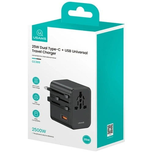 Ładowarka sieciowa USAMS Travel Adapter CC309 2xUSB-C 25W 4w1 US/AU/EU/UK czarny