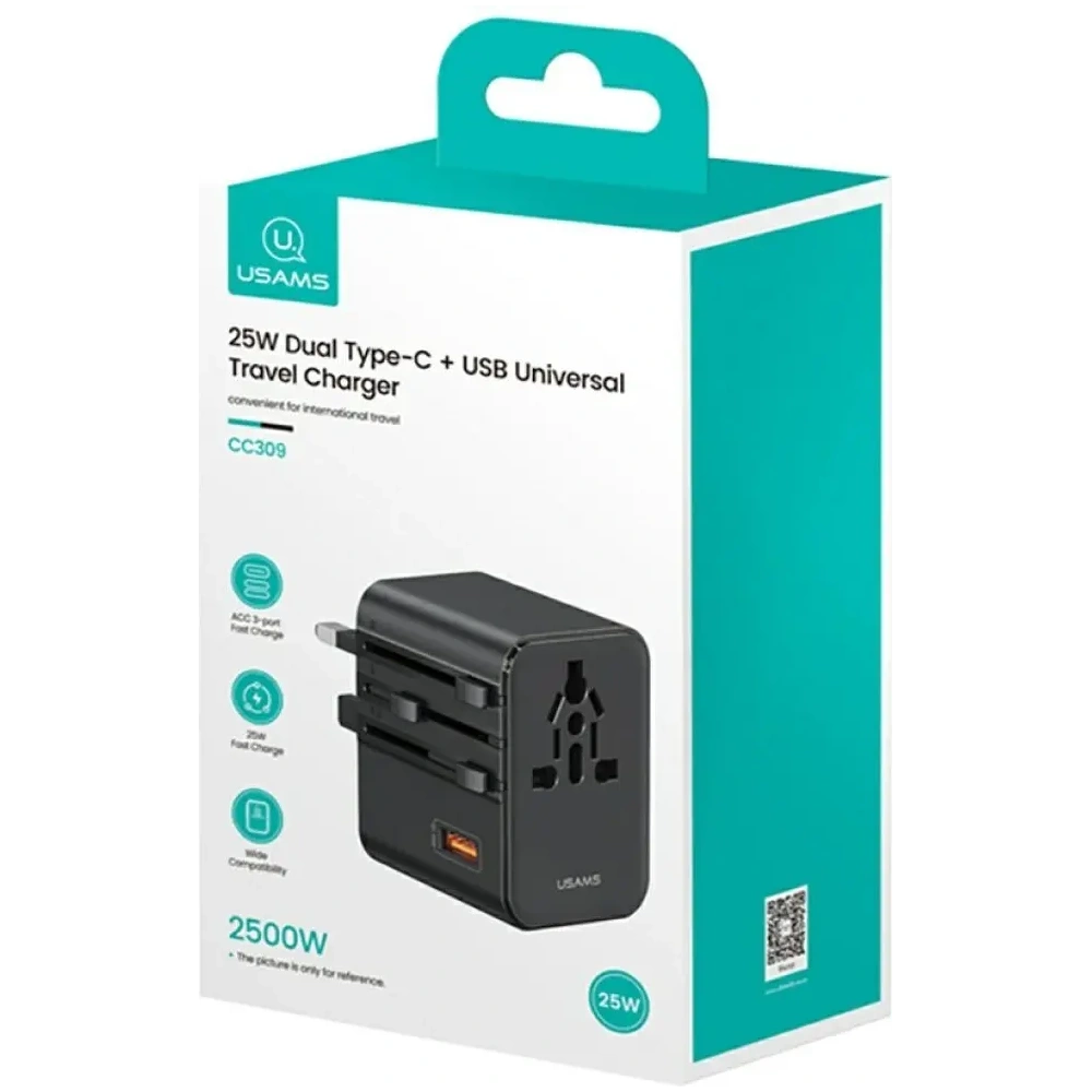 Hurtownia GSM - USAMS Cestovní adaptér CC309 2xUSB-C 25W 4v1 US/AU/EU/UK černý - USA1288 - {ean13} - Hurt