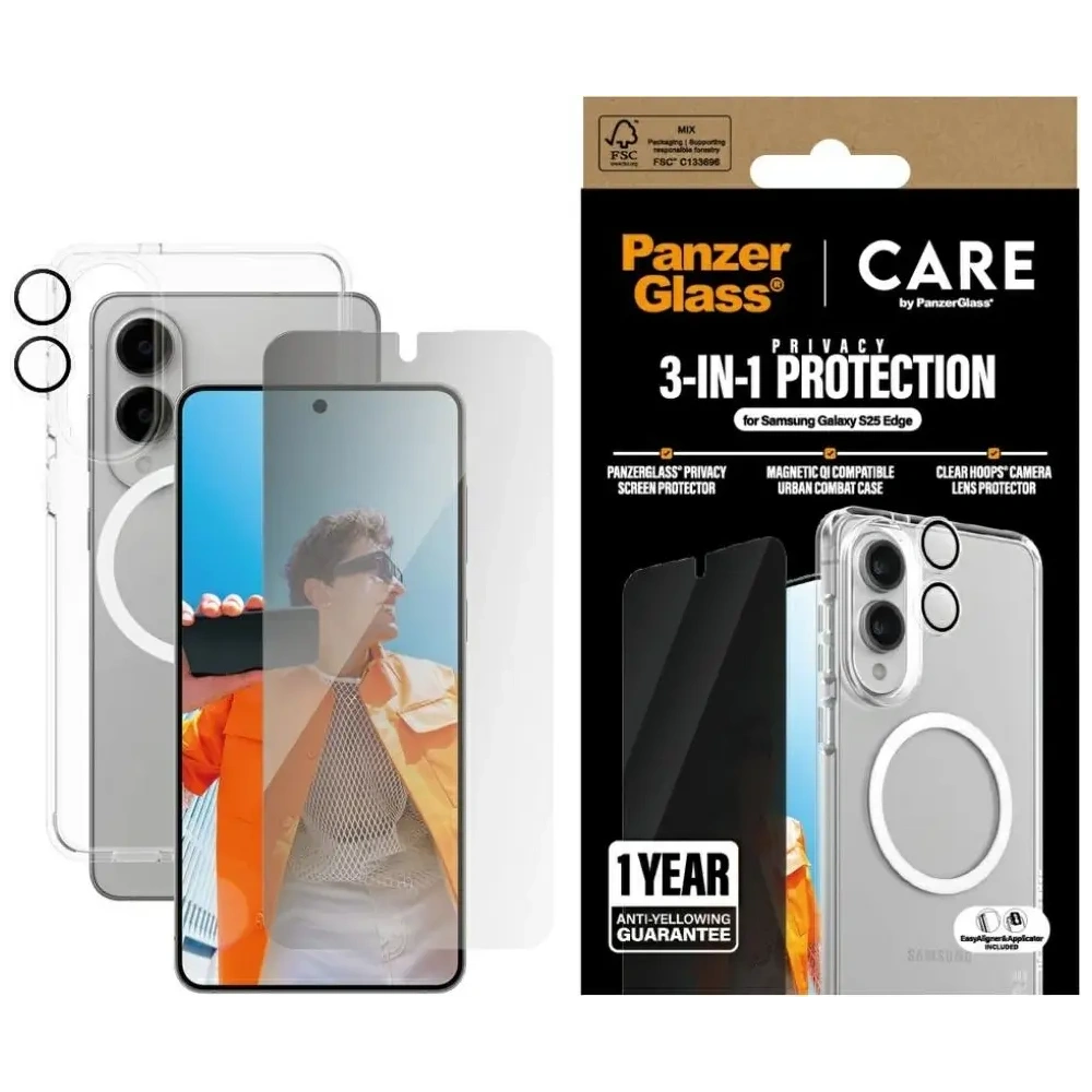 Hurtownia GSM - Ochranná sada 3v1 pouzdro + ochranné sklo na displej + sklo na kameru CARE od PanzerGlass Flagship pro Samsung Galaxy S25 Edge - PZG1034 - {ean13} - Hurt