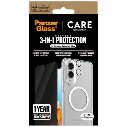 Zestaw ochronny 3w1 etui + szkło prywatyzujące na ekran + szkło na aparat CARE by PanzerGlass Flagship do Samsung Galaxy S25 Edge