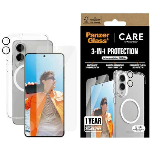 Zestaw ochronny 3w1 etui + szkło prywatyzujące na ekran + szkło na aparat CARE by PanzerGlass Flagship do Samsung Samsung Galaxy S25 Edge