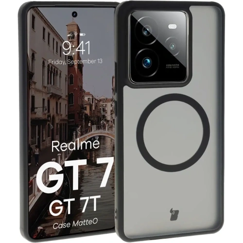 Etui z pierścieniem magnetycznym Bizon Case MatteO do Realme GT 7 / 7T przydymione-czarne