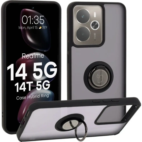 Etui z uchwytem na palec Bizon Case Hybrid Ring do Realme 14 5G / 14T 5G przydymione z czarną ramką