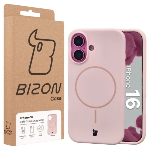 Silikonowe etui z pierścieniem magnetycznym Bizon Soft Case do Apple iPhone 16 jasnoróżowe