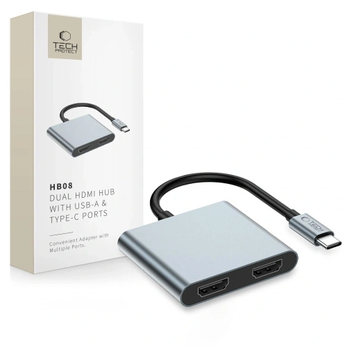 Adapter Tech-Protect HB08 HUB 4in1 USB-C, USB-A 2.0, 2xHDMI 4K 60Hz Space Grey