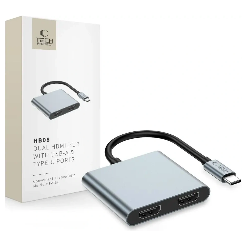 Hurtownia GSM - Tech-Protect HB08 HUB 4in1 USB-C, USB-A 2.0, 2xHDMI 4K 60Hz Space Grey - THP4275 - {ean13} - Hurt