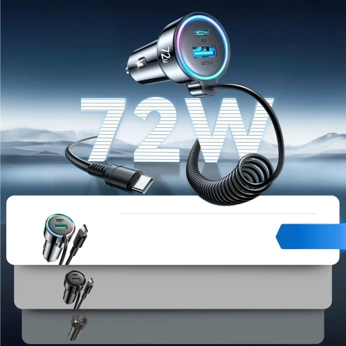 Ładowarka samochodowa 3w1 Joyroom JR-CL07 72W z wbudowanym kablem USB-C 1.6m czarna