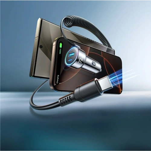 Ładowarka samochodowa 3w1 Joyroom JR-CL07 72W z wbudowanym kablem USB-C 1.6m czarna