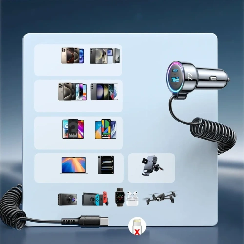 Ładowarka samochodowa 3w1 Joyroom JR-CL07 72W z wbudowanym kablem USB-C 1.6m czarna