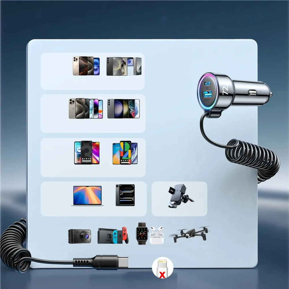 Ładowarka samochodowa 3w1 Joyroom JR-CL07 72W z wbudowanym kablem USB-C 1.6m czarna