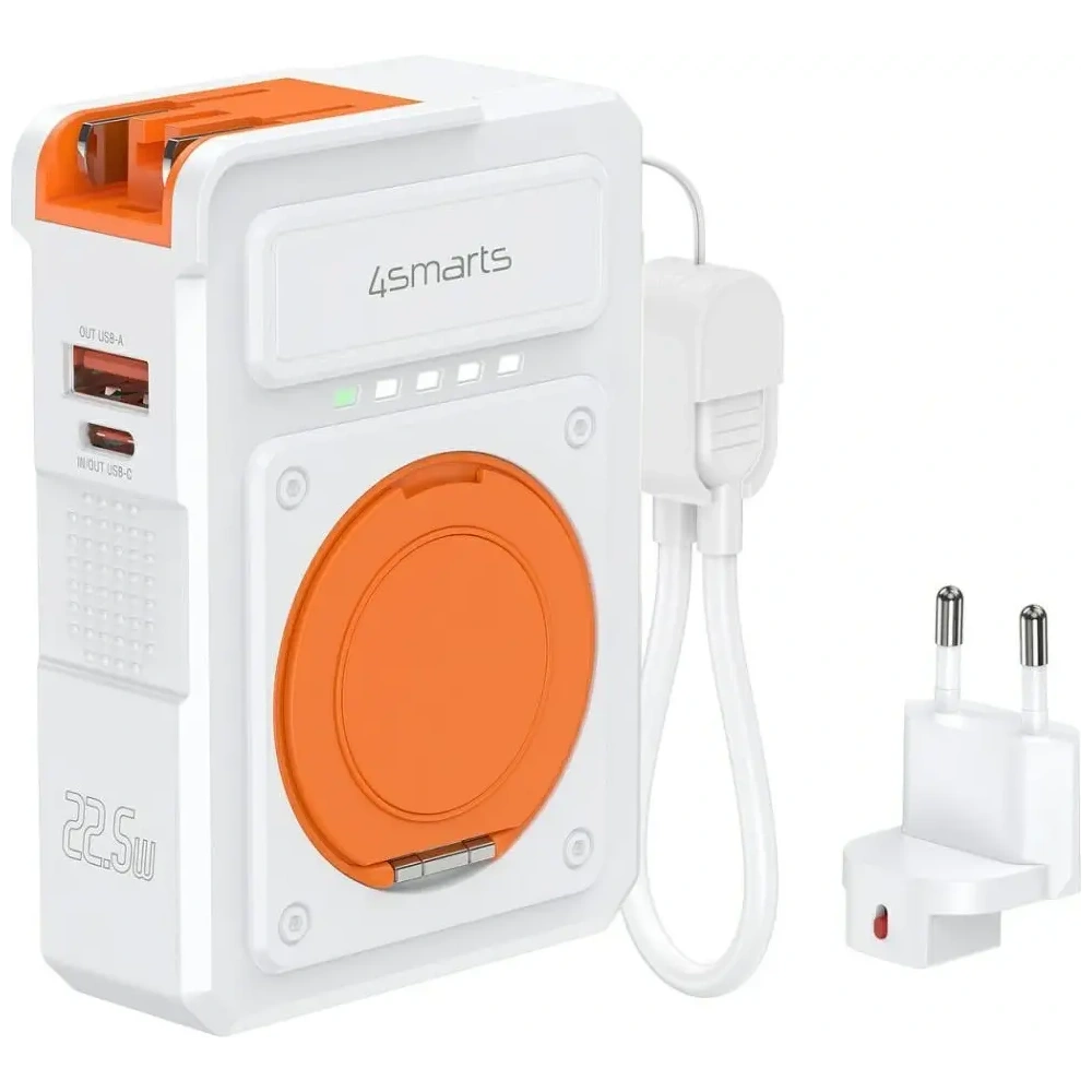 Ładowarka hybrydowa 4smarts 6w1 USB-C / USB-A PD 22.5W z powerbankiem 10000mAh, ładowanie indukcyjne Qi, kabel USB-C biała