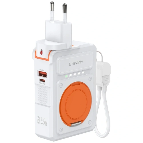 Ładowarka hybrydowa 4smarts 6w1 USB-C / USB-A PD 22.5W z powerbankiem 10000mAh, ładowanie indukcyjne Qi, kabel USB-C biała
