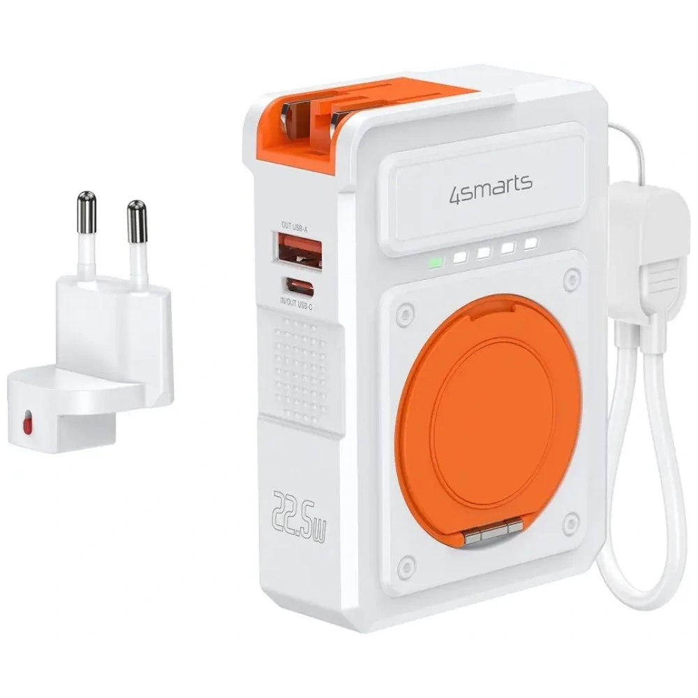 Ładowarka hybrydowa 4smarts 6w1 USB-C / USB-A PD 22.5W z powerbankiem 10000mAh, ładowanie indukcyjne Qi, kabel USB-C biała