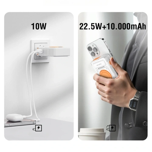 Ładowarka hybrydowa 4smarts 6w1 USB-C / USB-A PD 22.5W z powerbankiem 10000mAh, ładowanie indukcyjne Qi, kabel USB-C biała