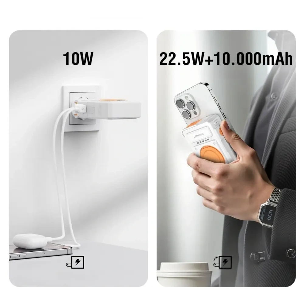 Ładowarka hybrydowa 4smarts 6w1 USB-C / USB-A PD 22.5W z powerbankiem 10000mAh, ładowanie indukcyjne Qi, kabel USB-C biała