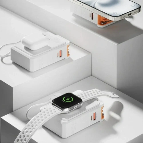 Ładowarka hybrydowa 4smarts 6w1 USB-C / USB-A PD 22.5W z powerbankiem 10000mAh, ładowanie indukcyjne Qi, kabel USB-C biała