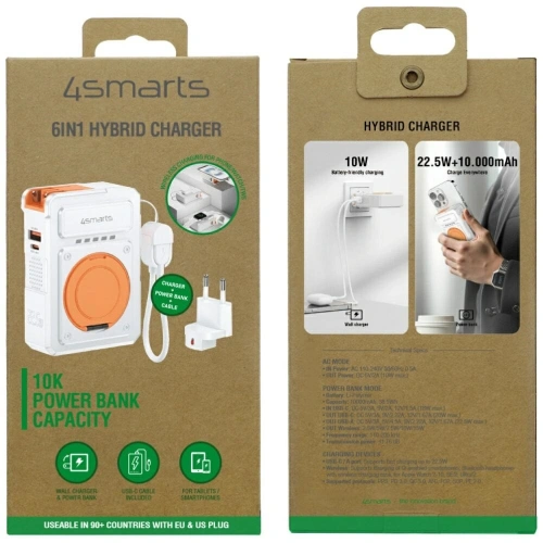 Ładowarka hybrydowa 4smarts 6w1 USB-C / USB-A PD 22.5W z powerbankiem 10000mAh, ładowanie indukcyjne Qi, kabel USB-C biała