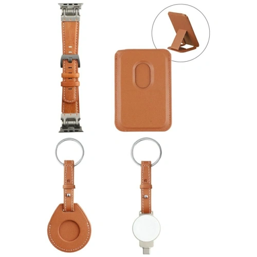 Zestaw akcesoriów 4w1 4smarts Style portfel MagSafe, ładowarka do Apple Watch, pasek do Apple Watch, etui na AirTag brązowy