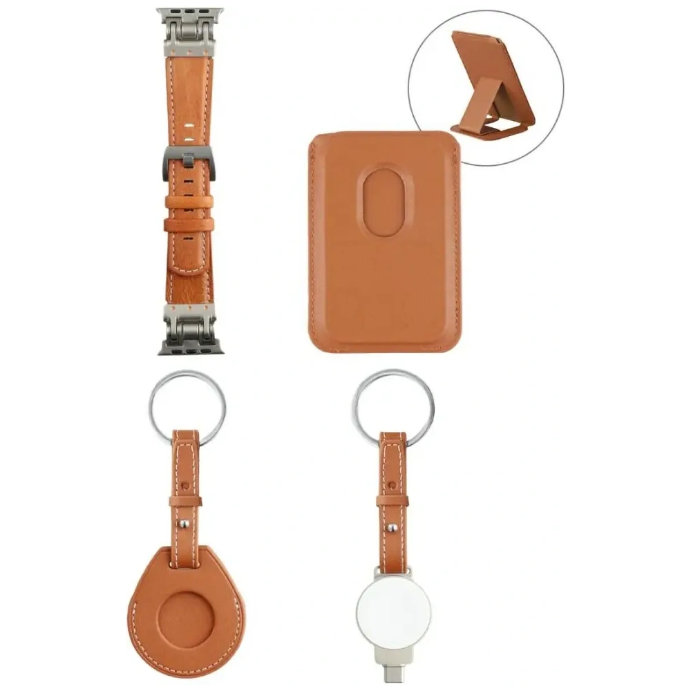 4smarts Style 4-in-1 accessory set MagSafe wallet, Apple Watch charger, Apple Watch strap, AirTag case brown