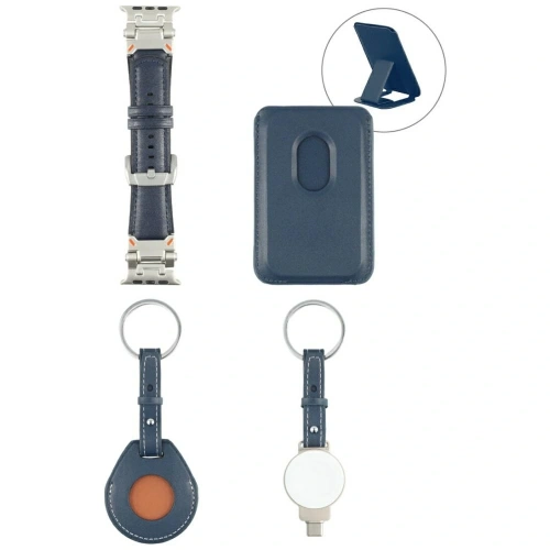 Zestaw akcesoriów 4w1 4smarts Style portfel MagSafe, ładowarka do Apple Watch, pasek do Apple Watch, etui na AirTag niebieski