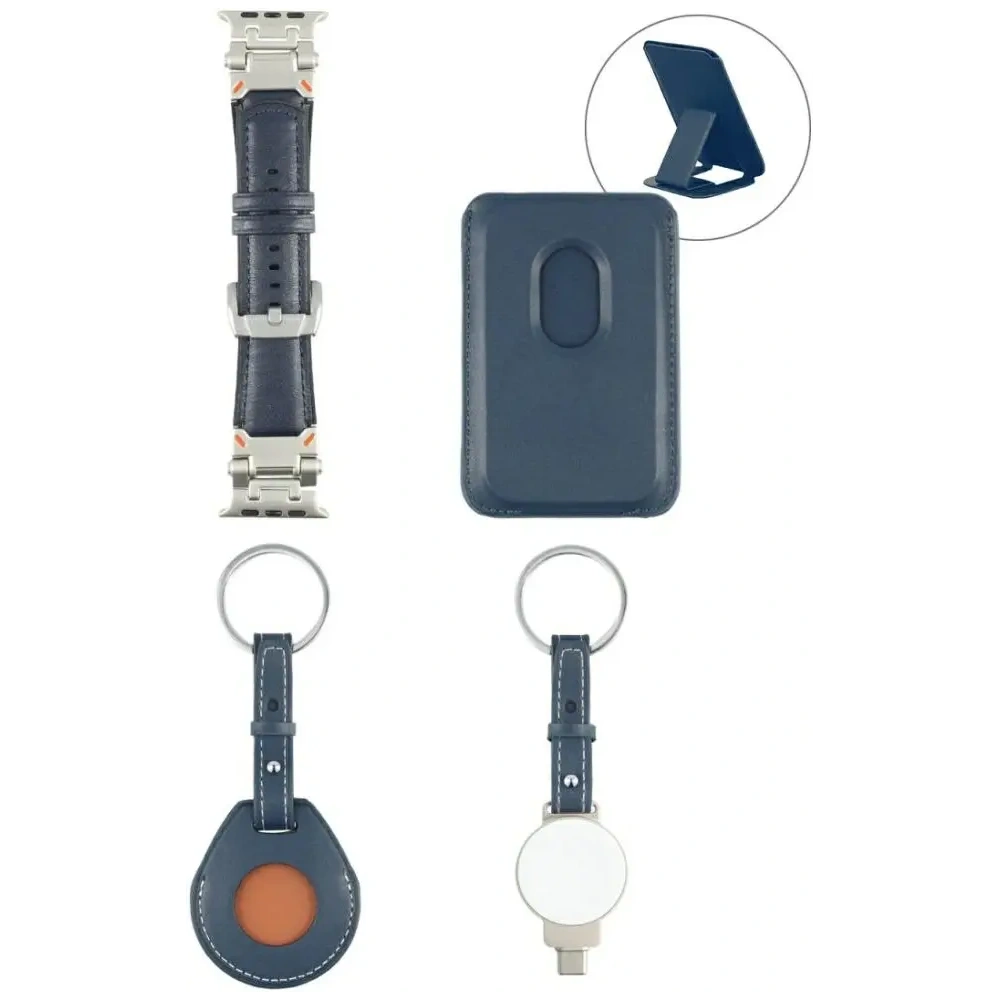 4smarts Style 4-in-1 accessory set MagSafe wallet, Apple Watch charger, Apple Watch strap, AirTag case blue