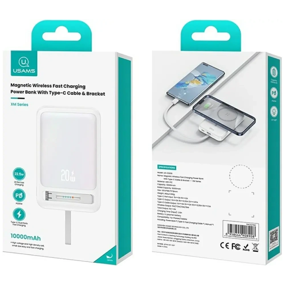 USAMS XM Sorozat CD219 10000mAh-os mágneses vezeték nélküli powerbank fehér