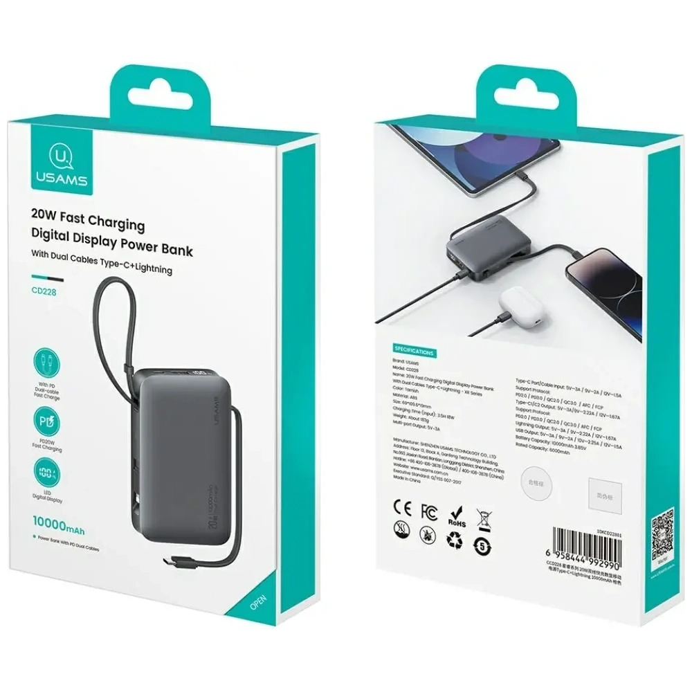 USAMS XR Sorozat CD228 Powerbank 10000mAh 20W + USB-C / Lightning Kábel fehér