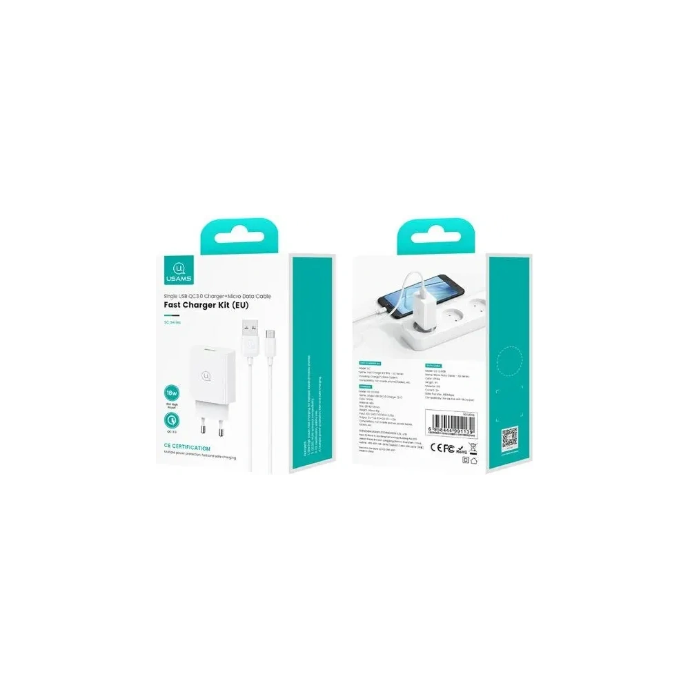 USAMS SC Series SCXLTZ01 18W Rychlonabíjecí nástěnná nabíječka + 1m MicroUSB / USB-A kabel bílý