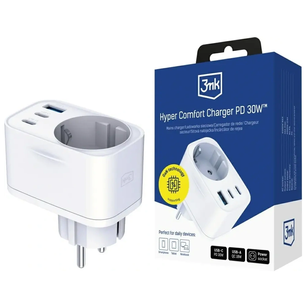 Încărcător 3MK Hyper Comfort 30W AC, USB-A, 2xUSB-C PD QC3.0 alb