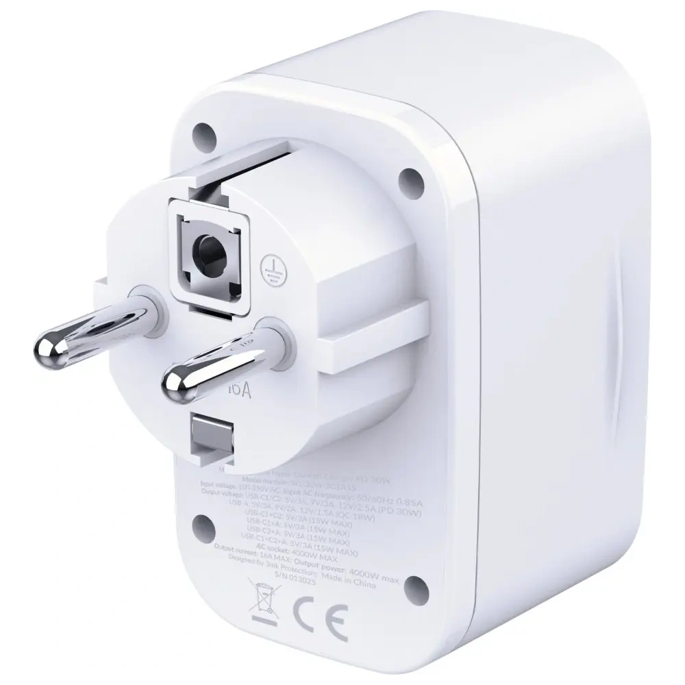 Încărcător 3MK Hyper Comfort 30W AC, USB-A, 2xUSB-C PD QC3.0 alb