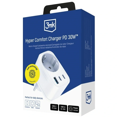 Adapter sieciowy 3MK Hyper Comfort Charger 30W AC, USB-A, 2xUSB-C PD QC3.0 biały