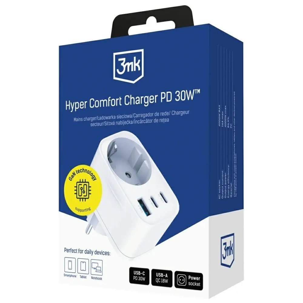 Încărcător 3MK Hyper Comfort 30W AC, USB-A, 2xUSB-C PD QC3.0 alb