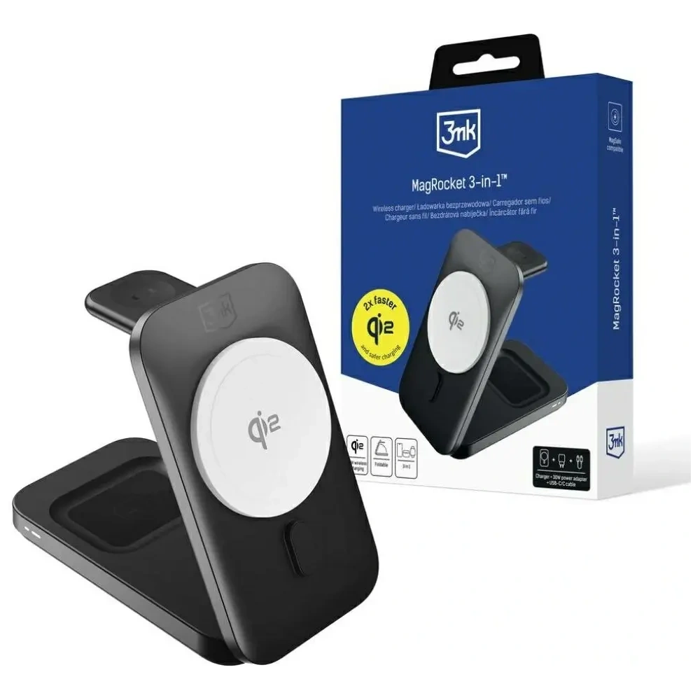Încărcător wireless 3MK MagRocket 3 în 1 15W Qi2 MPP Negru