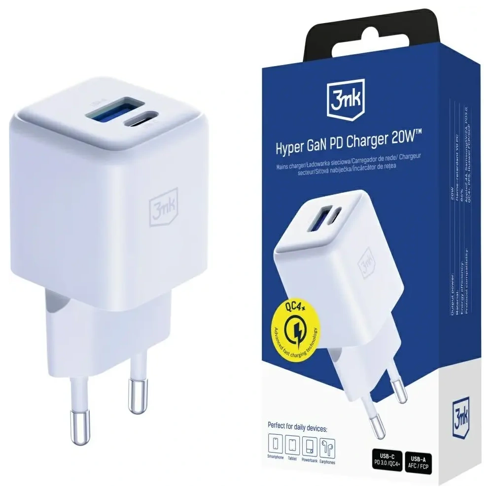 Încărcător 3MK Hyper GaN 20W USB-A, USB-C PD QC4+ alb