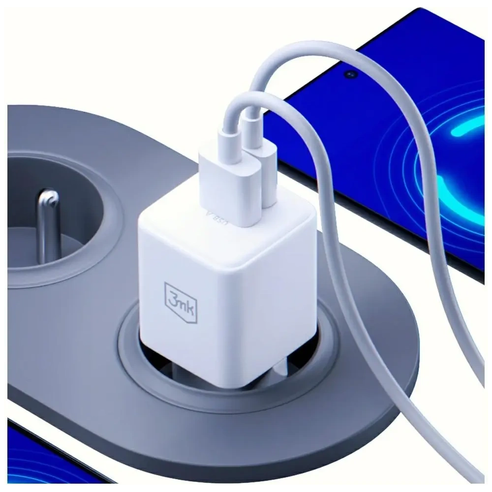 Încărcător 3MK Hyper GaN 20W USB-A, USB-C PD QC4+ alb
