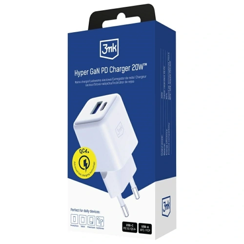 Ładowarka sieciowa 3MK Hyper GaN Charger 20W USB-A, USB-C PD QC4+ biały