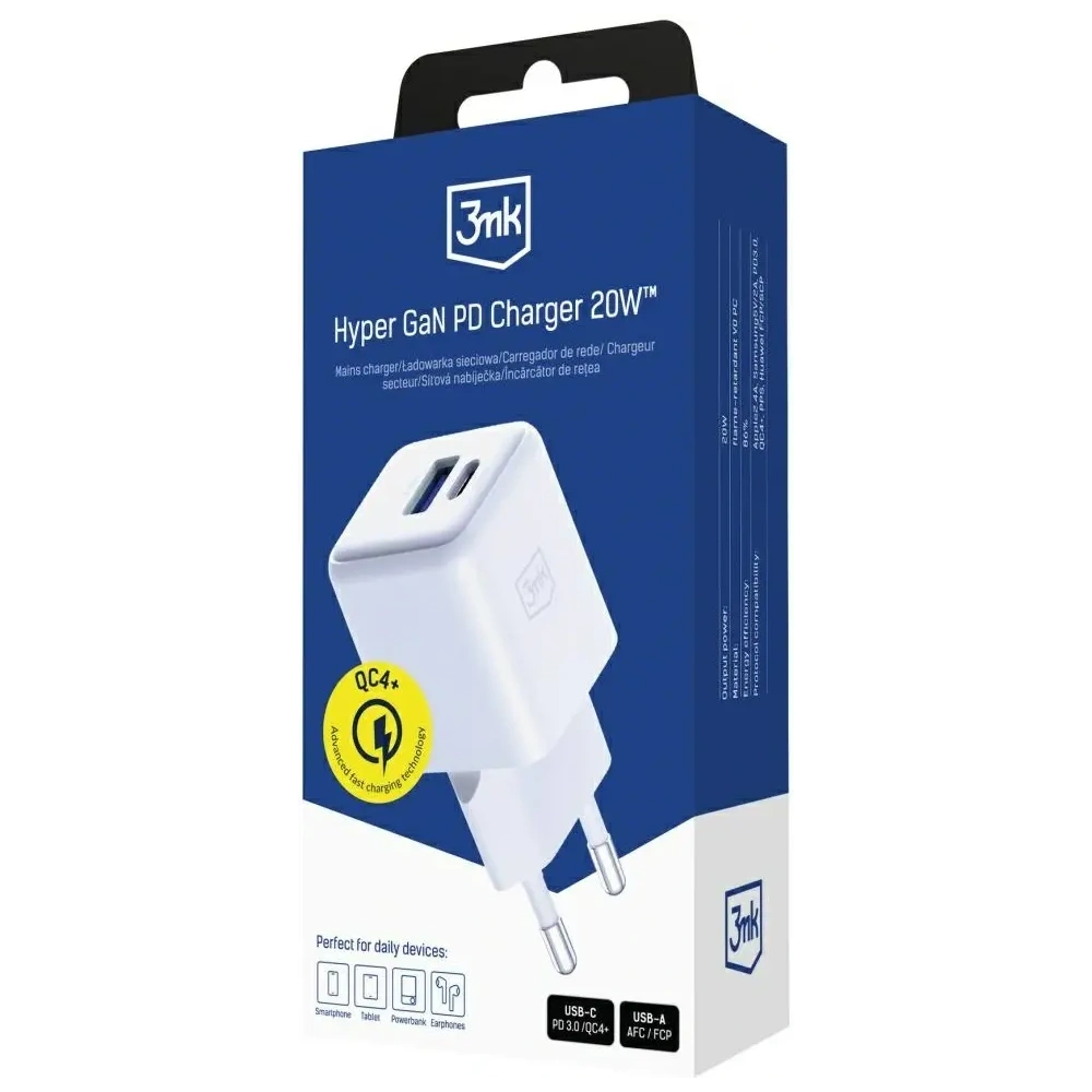 Încărcător 3MK Hyper GaN 20W USB-A, USB-C PD QC4+ alb