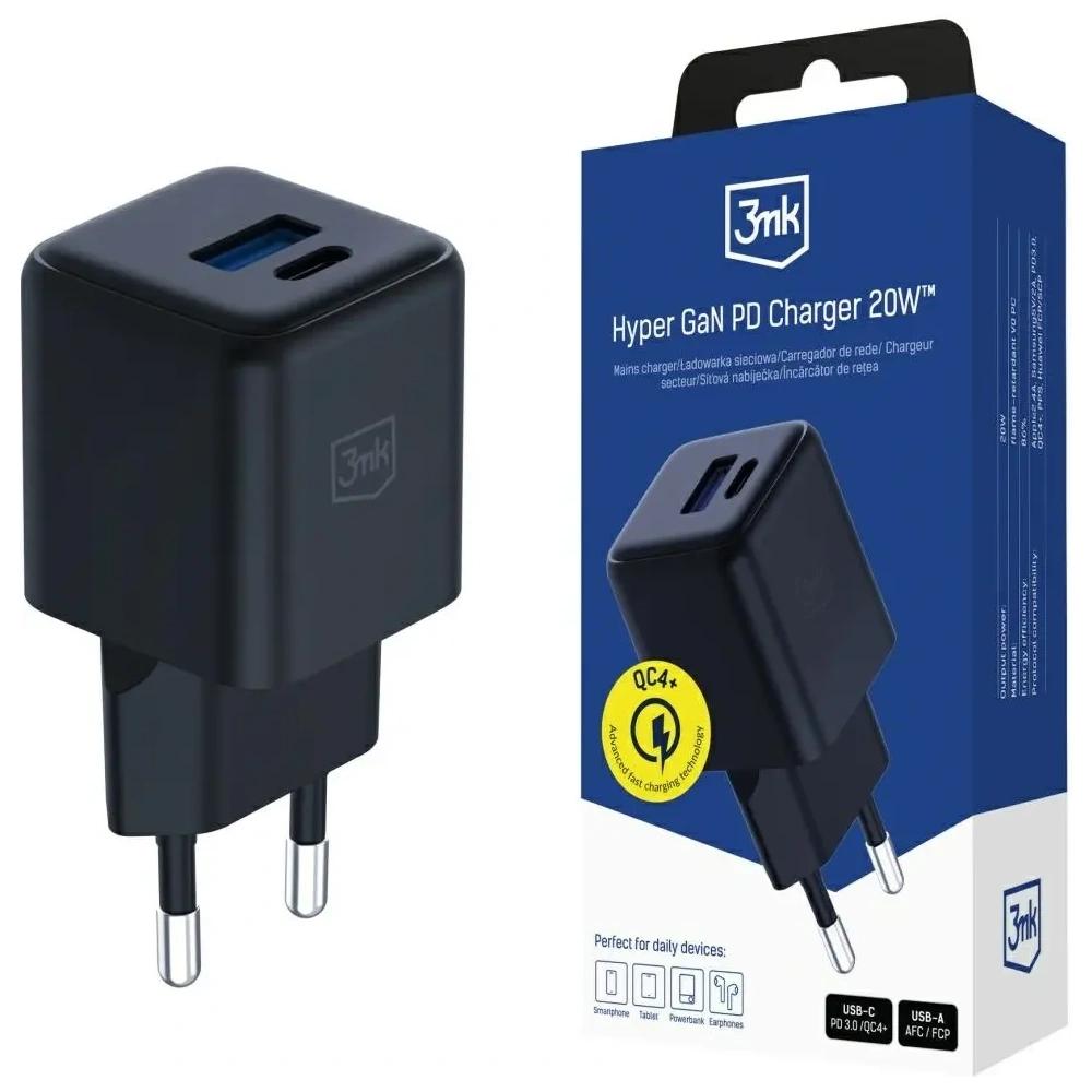 Încărcător 3MK Hyper GaN 20W USB-A, USB-C PD QC4+ negru