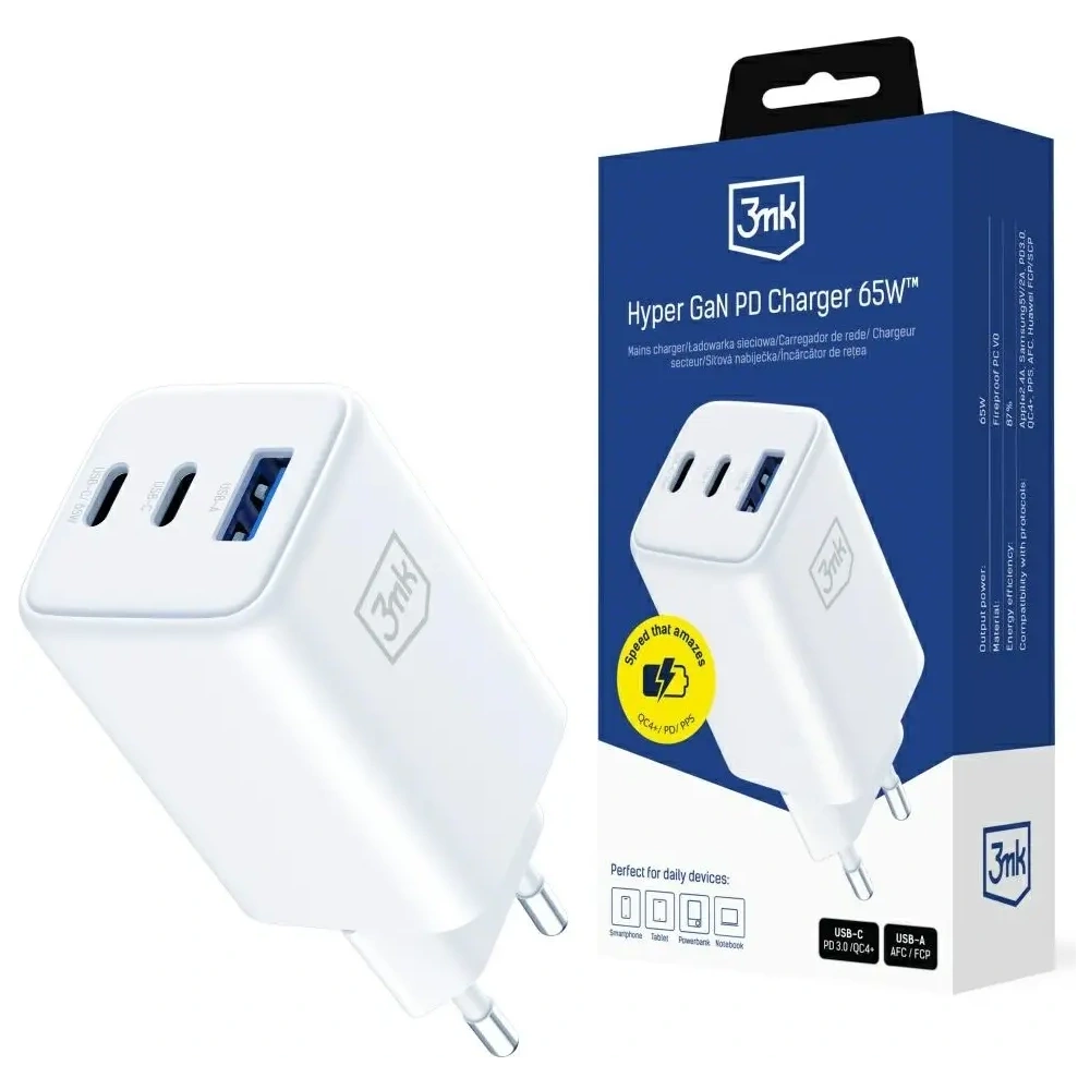 Încărcător 3MK Hyper GaN 65W USB-A, 2xUSB-C PD QC4+ alb