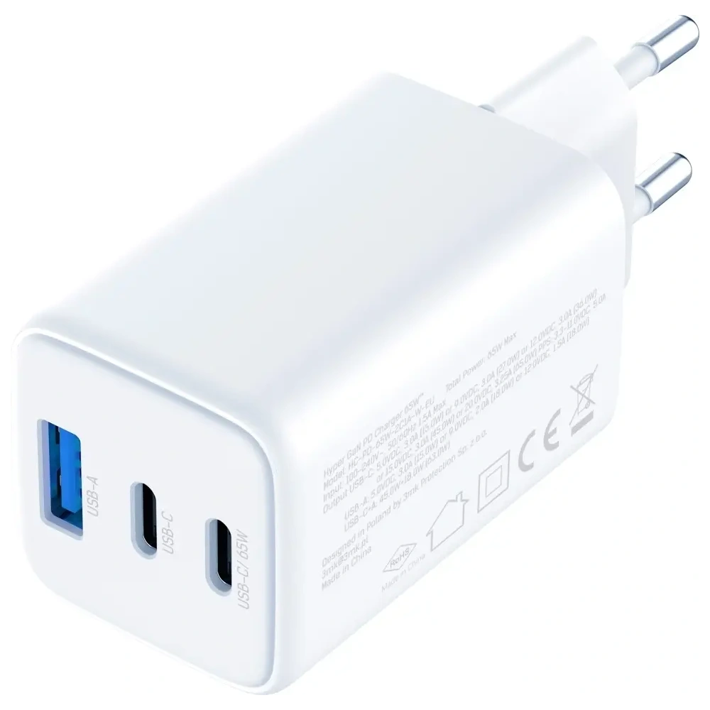 Încărcător 3MK Hyper GaN 65W USB-A, 2xUSB-C PD QC4+ alb