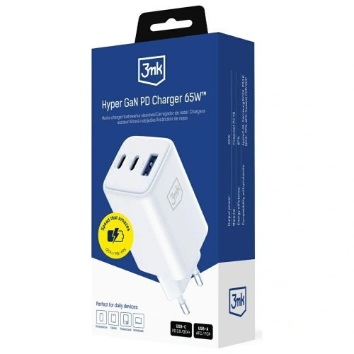 Ładowarka sieciowa 3MK Hyper GaN Charger 65W USB-A, 2xUSB-C PD QC4+ biały