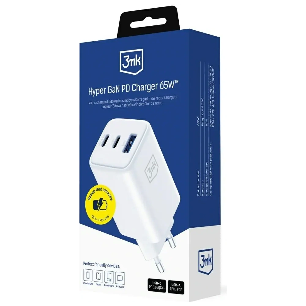 Încărcător 3MK Hyper GaN 65W USB-A, 2xUSB-C PD QC4+ alb