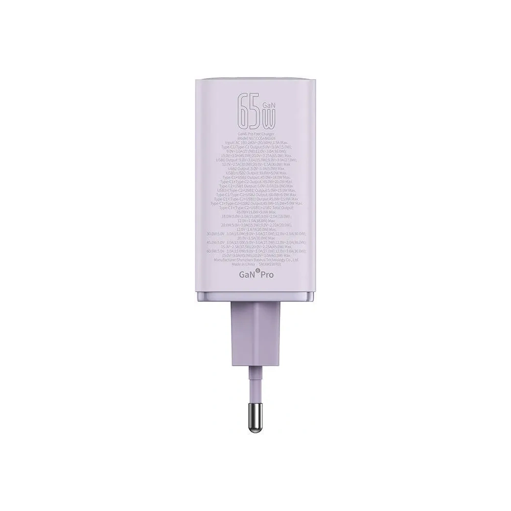 Baseus GaN6 Pro 2xUSB-A, 2xUSB-C, 65W Nástěnná nabíječka (fialová)