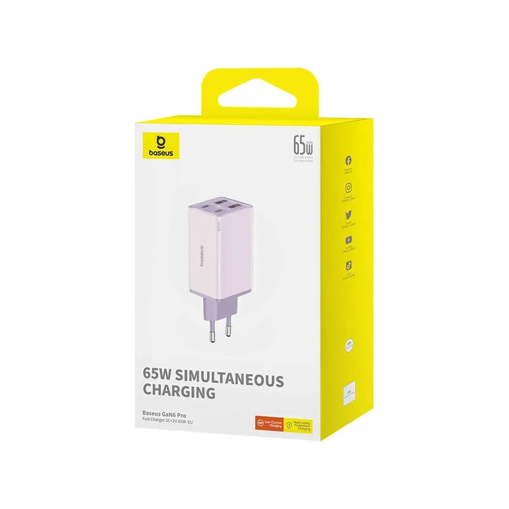 Baseus GaN6 Pro 2xUSB-A, 2xUSB-C, 65W Nástěnná nabíječka (fialová)