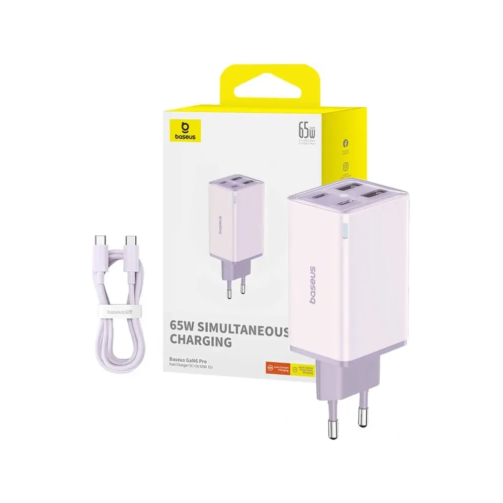 Baseus GaN6 Pro 2xUSB-A, 2xUSB-C, 65W Nástěnná nabíječka (fialová)